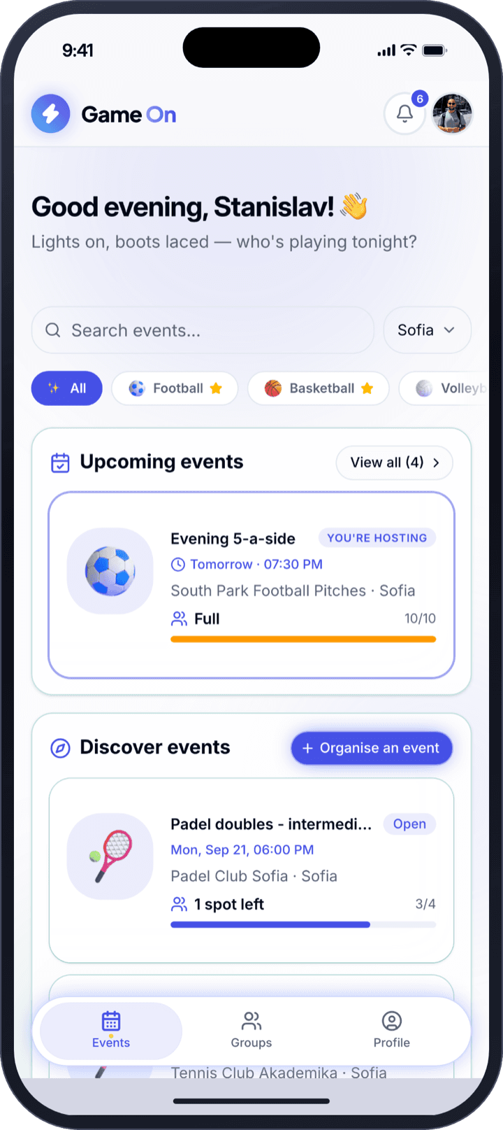 Game On home screen with your next game and nearby events to join