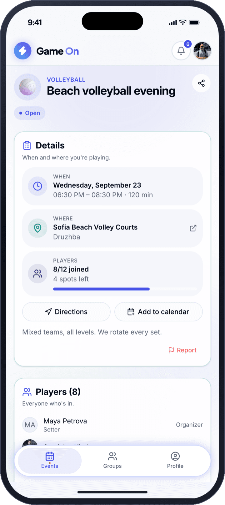 Game On event screen with the time, place and who's playing
